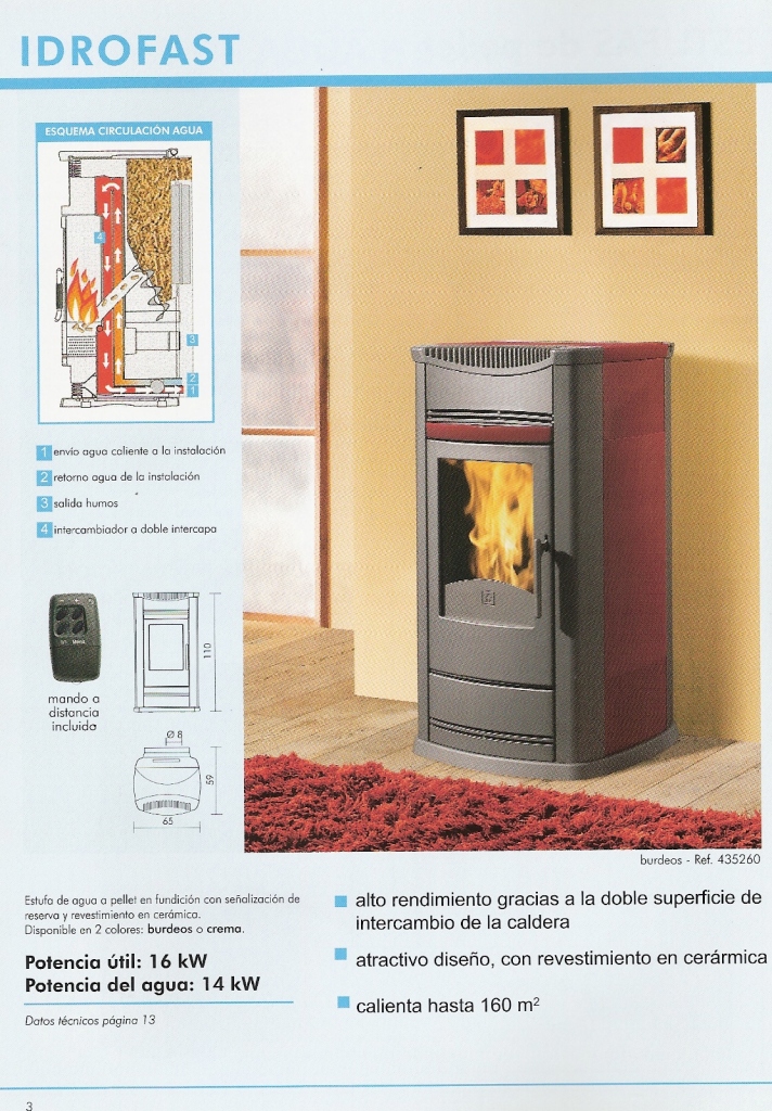 Estufa de pellets de 16 kw conectable a ciercuito de radiadores para una vivienda de hasta 160 m2